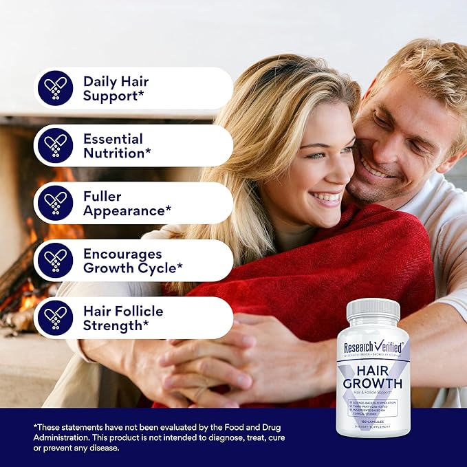Research Verified Hair Growth Support - with Biotin, DHT Blockers & Vitamins - Hair Growth and Hair Loss Prevention - 180 Capsules - 3 Month Supply
