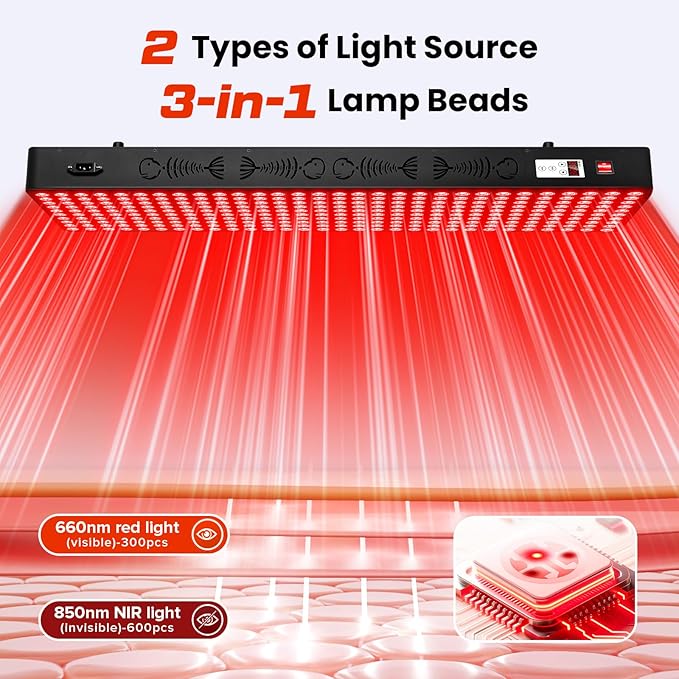 Red Light Therapy for Body, 660nm 850nm Near Infrared Light Therapy Panel, 300 Dual Chip LED Device with 1500W of Power, Ideal for Body, Face, Improve Sleep, Skin Health, Includes Hanging Kit & Handle
