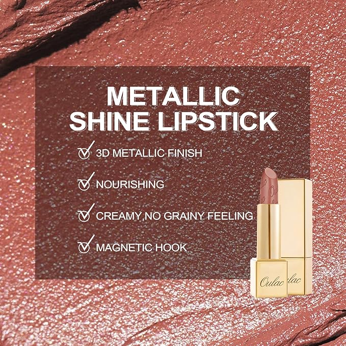 Oulac Matte Cinnamon Lipstick with Glow Metallic Finish - Vegan Lipstick for Women, Creamy Texture, Hydrating Clean Beauty Formula, High-End Magnetic Hook Design, GM03 Deep down