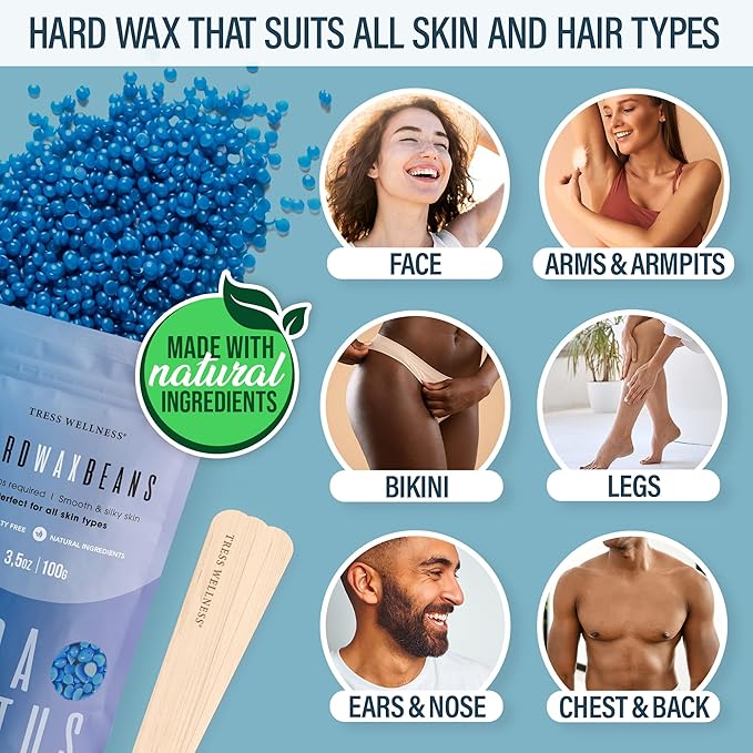 Tress Wellness Waxing Kit for Sensitive Skin – Safe for Face & Skin, Prep & Aftercare Spray, Easy to Use – At-Home Kit for Face, Bikini, Brazilian & Full Body - Digital Display, Blue Water