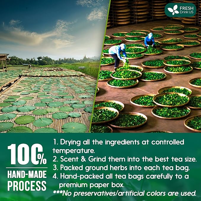 FreshDrinkUS, Premium 20 Tea Bags of Lotus Green Tea, 100% Natural. Exquisite Flavor, Handpicked Leaves, Perfect for Tea Lovers. No Sugar, No Gluten, Vegan.