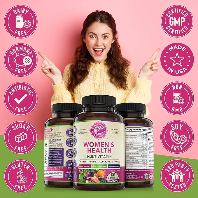 Womens Daily Multivitamin Multimineral Supplement for Energy, Mood, Focus, Hair, Skin & Nails. Made for Women with 30+ Nutrients, Fruit & Energy Blend. Womens Vitamins 60 Capsules. Made in the USA.