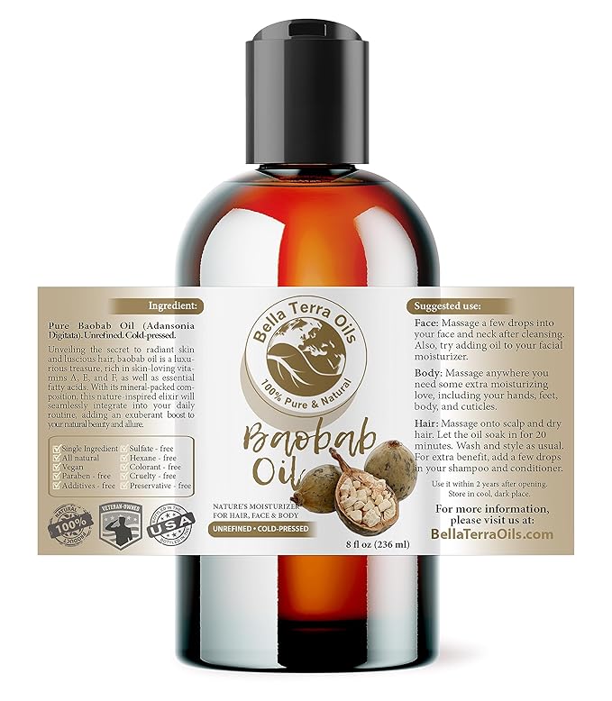 Bella Terra Oils - Baobab Oil 8 oz - Derived from the Majestic Baobab Tree, Enriched with Vitamin A & F, For a Smooth, Plush Skin Experience