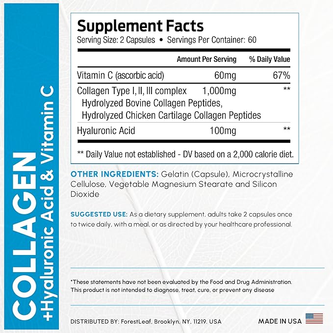 ForestLeaf Multi Collagen Pills with Hyaluronic Acid + Vitamin C | Hydrolyzed Collagen Supplements for Women or Men | Multi Collagen Capsules Peptides for Skin, Wrinkles, 240