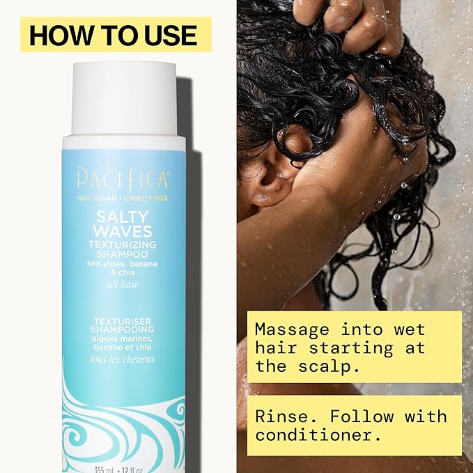 Pacifica Salty Waves Texturizing Shampoo - Beachy Textured, Messy Look, Hair Styles - Moisturizing Hair Care w/ Vitamin B & E - Banana Scent Clean Beauty Vegan & Cruelty-Free Dermatologist Tested