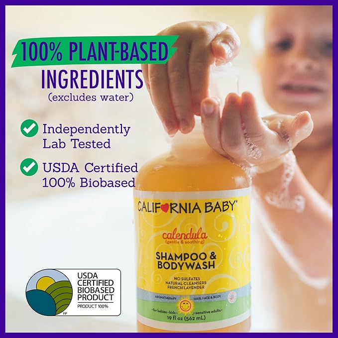 California Baby Calendula Baby Shampoo + Baby Wash | 100% Plant-Based | Soothing Lavender Body Wash Sensitive Skin | Hypoallergenic | 251 mL / 8.5 oz