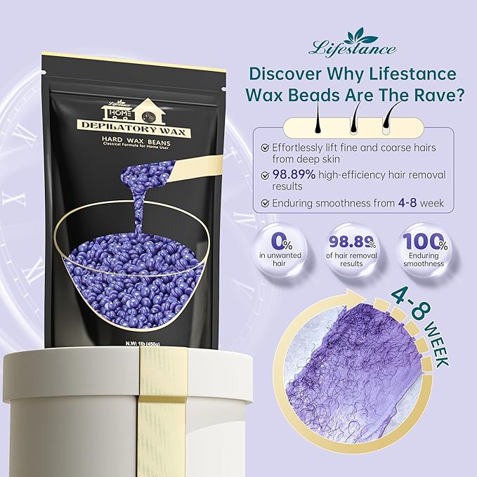 Lifestance Hard Wax Beans Hair Removal Kit, 1lb Large Refill Stripless Waxing Beans for Women Men Waxing Depilatory Lavender Pearl Wax Beads