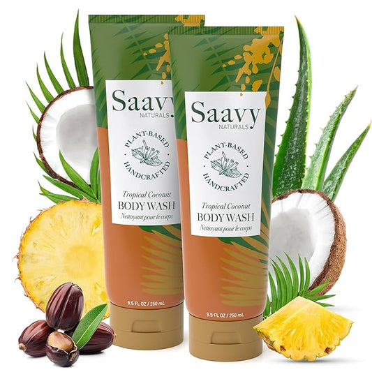 Saavy Naturals Body Wash Tropical Coconut Plant-Based Ingredients - Made In Usa - Sensitive Skin Body Wash, l Organic & Vegan Formula With Coconut Oil, Shea Butter, And Aloe Vera - 8.5 Fl Oz, 2 Pack