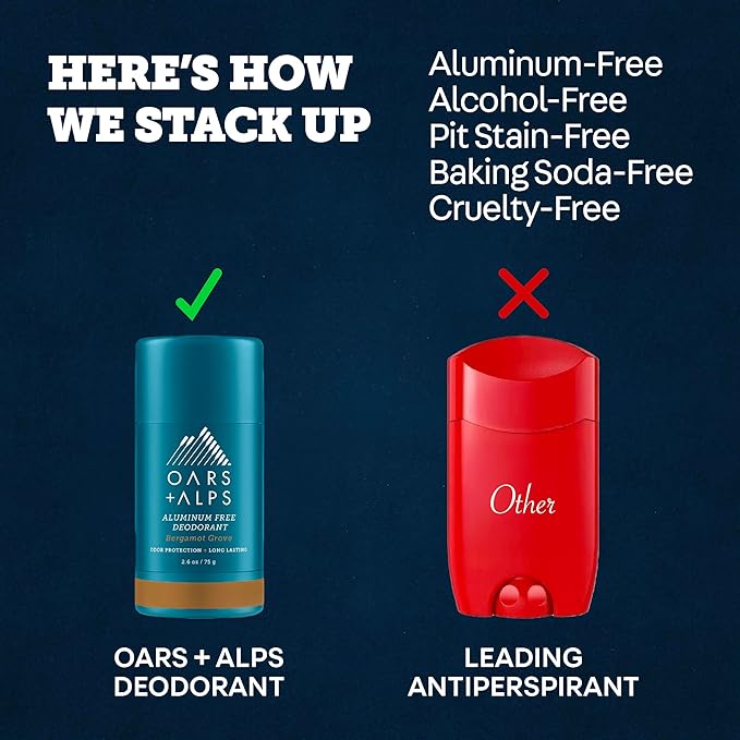 Oars + Alps Deodorant for Men & Women, Aluminum Free Deodorant for Men, Dermatologist Tested, Clean Ingredients, Vegan, Long Lasting, Odor Protection, Bergamot Grove, 2pk, 2.6oz