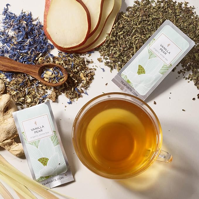 Tea Forte Lotus Single Steeps Loose Leaf Premium Tea Gift Set Sampler, 15 Count 3 of Each Assorted Blends, Pre-Portioned Single Serve Pouches, Steeps 12 oz