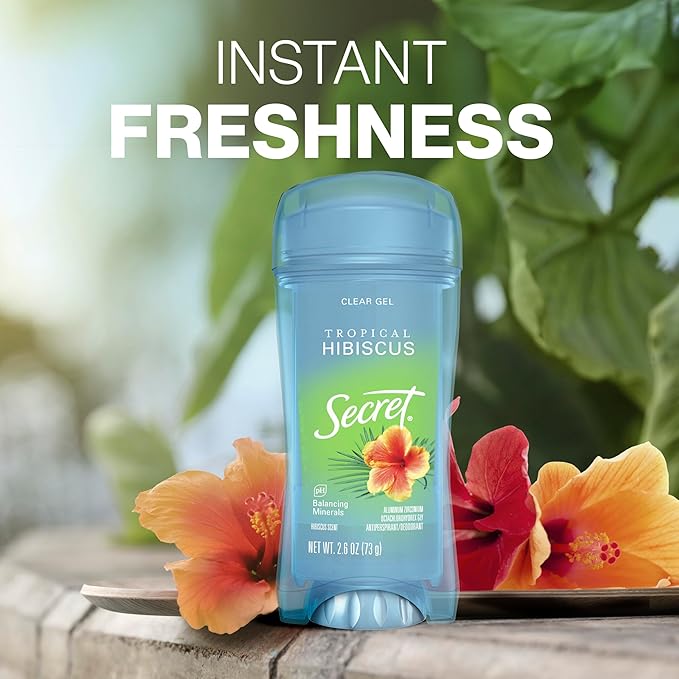 Secret Fresh Antiperspirant Deodorant for Women, 72hr Breathable Sweat & Odor Protection, Instant Freshness & Gentle, PH Balancing Minerals, Clear Gel, Tropical Hibiscus Scent, 2.6 oz
