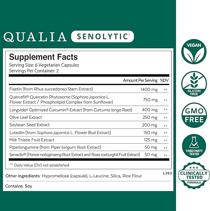 Qualia Life Sciences Qualia Senolytic Ultimate Formula for Enhanced Cell Repair&Rejuvenation 2-Day Aging&Longevity Support Regimen w. Fisetin,Quercetin, Piperlongumine,Senactiv,Curcumin(Pack of 4)