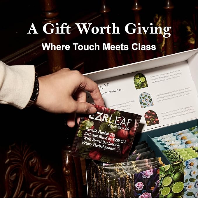 EZR Leaf Decaf Herbal Tea Sampler-22CT Pyramid Bags with Natural Fruit & Floral Blends – Caffeine-Free Assorted Tea Gift Set for Women & Men Blend Lemon Verbena x4, Lemongrass & Herbs x5, Mint & Chamomile x4,Dreamland x5, Roselle x4
