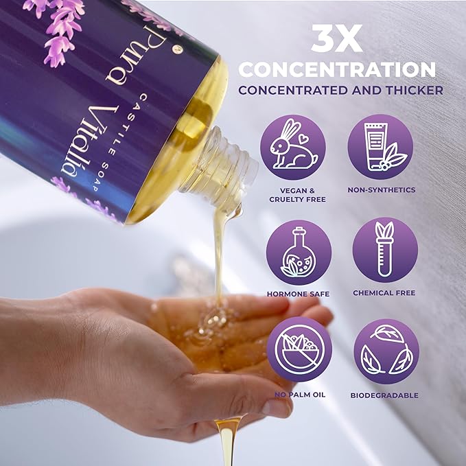 Lavender Organic Castile Soap | Body Wash & Cleanser for Face & Hands | Biodegradable, Eco-Friendly, Palm Oil Free, Vegan & Gentle | Made with 6 Natural Ingredients - 16 oz