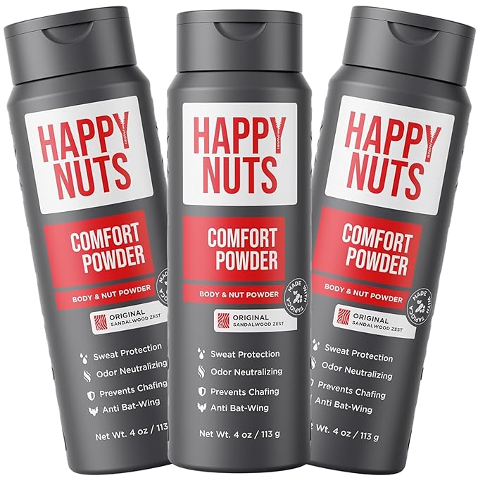 HAPPY NUTS Comfort Powder - Anti Chafing & Deodorant, Aluminum-Free, Sweat and Odor Control for Jock Itch, Groin and Men's Private Parts 4 Oz (Pack of 3), Original