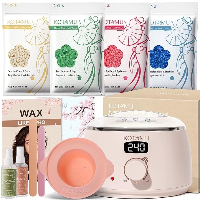 KOTAMU Waxing Kit for Women & Men, Wax Warmer for Hair Removal, Digital Wax Kit with Silicone Pot，Ideal for Face Eyebrow Arm Legs Armpit &Sensitive Skin, Pink Waxing Machine for Home Salon Use