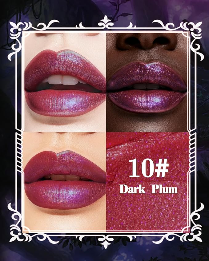Glitter Metallic Shimmer Lipstick, Dark Plum Lipstick Long Lasting, Diamond High Pigmented Shiny Metallic Lip Stick, Non-sticky Sparkly Purple Lipsticks for Women Christmas Makeup-10 Dark Plum