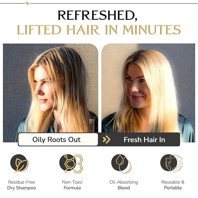 DARCASE Premium Dry Shampoo Brush - Non Aerosol Dry Shampoo for Women - Refillable Travel Size Powdered Shampoo Brush - Travel Essentials for Women - Pre-Filled 30ml Unscented Talc Free Hair Powder