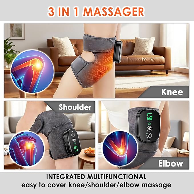 Cordless Knee Massager with Heat and Vibration, 3-in-1 Heating Pad for Knee, Shoulder, and Elbow, 5000mAh Battery, Portable Touchscreen Control for Pain Relief