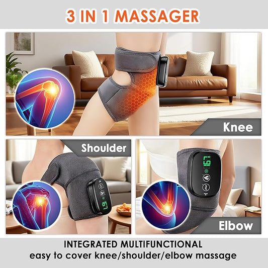 Cordless Knee Massager with Heat and Vibration, 3-in-1 Heating Pad for Knee, Shoulder, and Elbow, 5000mAh Battery, Portable Touchscreen Control for Pain Relief