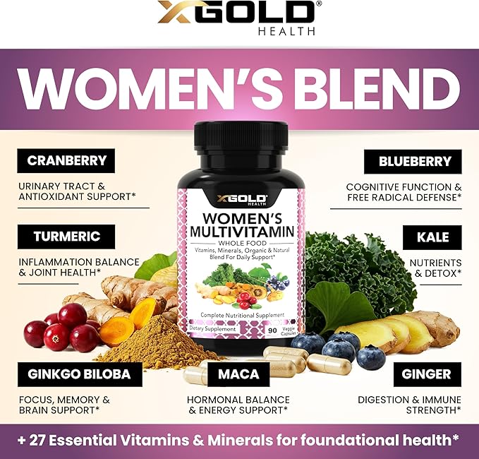 Vegan Women's Daily Multivitamin 50 Plus with Organic WholeFood Based Natural Ingredients, Ginger, Maca, Multi-Vitamin B Complex & More - Energy Support, Immune System Booster -90 Capsules