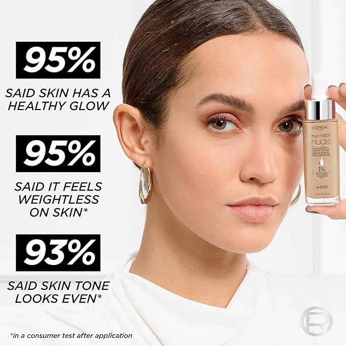 L'Oreal Paris True Match Nude Hyaluronic Tinted Serum Foundation with 1% Hyaluronic acid, Tan 6-7, 1 fl. oz.