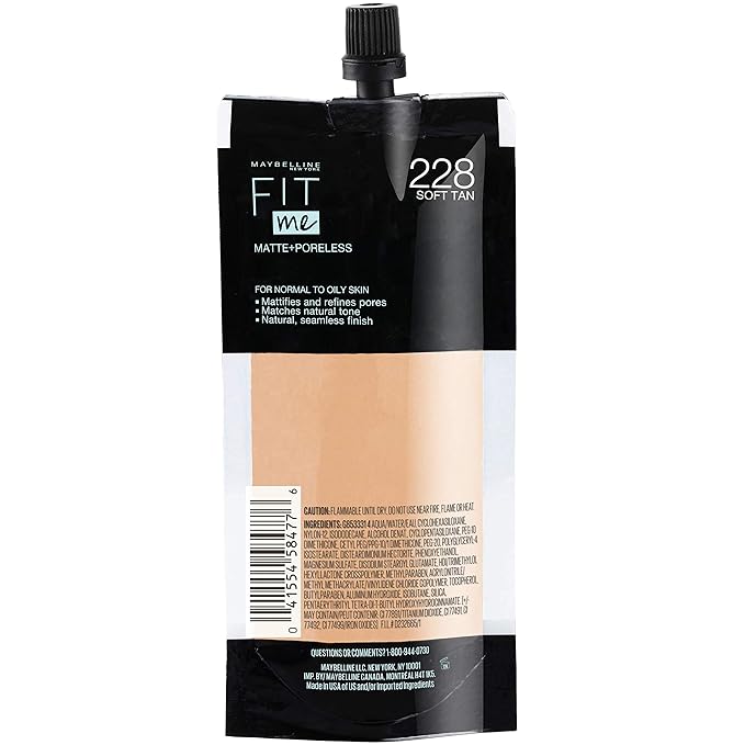 Maybelline New York Fit Me Matte + Poreless Liquid Foundation, Pouch Format, 228 Soft Tan, 1.3 Ounce