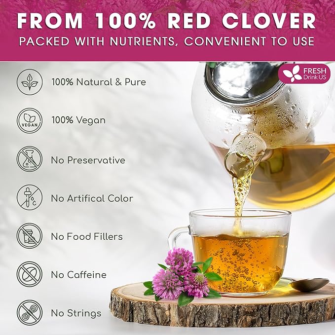FreshDrinkUS, Premium Red Clover Herbal Tea– 135 Tea Bags – Pure – Naturally Smooth & Mild Flavor – Premium Quality, Eco-Conscious Packaging. Caffeine-Free. Gluten Free. Vegan