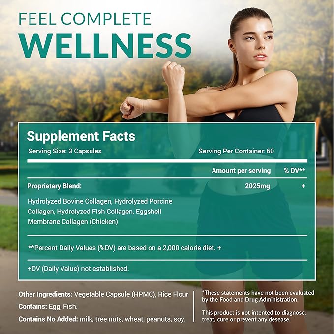 Multi Collagen 180 Protein Capsules - Type I, II, III, V, X Collagen Pills - Proprietary Blend of Eggshell, Chicken, Wild Fish & Grass-Fed Beef Collagen Peptides - 2025mg per serv