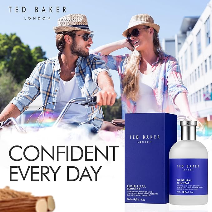Ted Baker Skinwear EDT, woody masculine fragrance, zesty lime, bergamont and lemon top notes with sandalwood, amber and cedar base notes, 6.76 fl oz