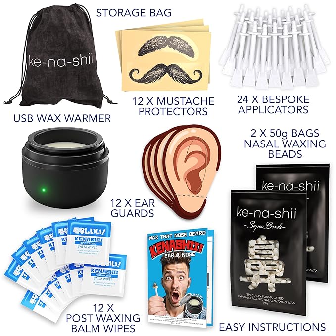 Kenashii Ear & Nose Waxing Kit, Wax Warmer Set, 100g Wax, 24 Professional Applicators, No Microwave Required, Effective Nose and Ear Hair Removal For Men and Women, 12 Balm Wipes, Storage Bag