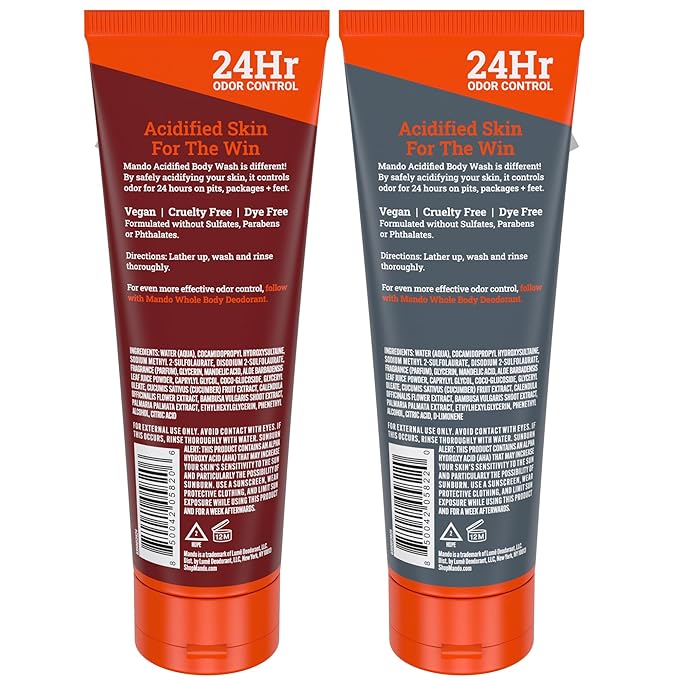 Mando Acidified Body Wash - 24 Hour Odor Control - Removes Odor Better than Soap - Formulated without SLS or Phthalates - Skin Safe - 8.5 Ounce (Pack of 2) - Bourbon Leather and Mt Fuji