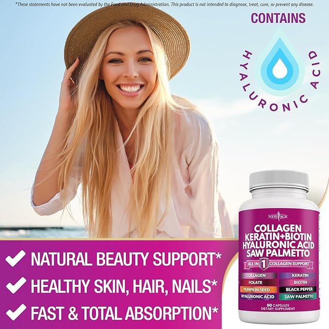 NEW AGE Collagen Pills Biotin Keratin Saw Palmetto Hyaluronic Acid - Hair Skin and Nails Vitamins and DHT Blocker with Vitamin E Folic Acid Pumpkin Seed MSM- 90 Count