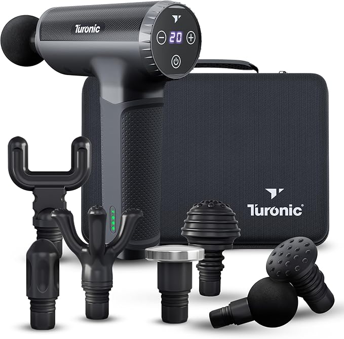 Turonic Professional Handheld Massage Gun - Deep Tissue Percussion Massager, 20 Speeds, 7 Heads, Quiet, Powerful, Portable, Cordless, Great for Athletes, Personal Use, Shoulder, Foot, Back Body, GM5