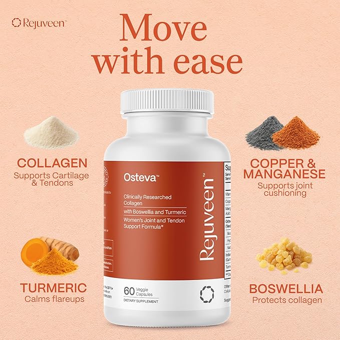 Osteva Joint Support Supplement for Women | High Potency Collagen, Turmeric, Boswellia | for Flexible Cartilage & Tendons, Resilient Knees & Hip, Improved Mobility | Non-GMO, 60 Ct