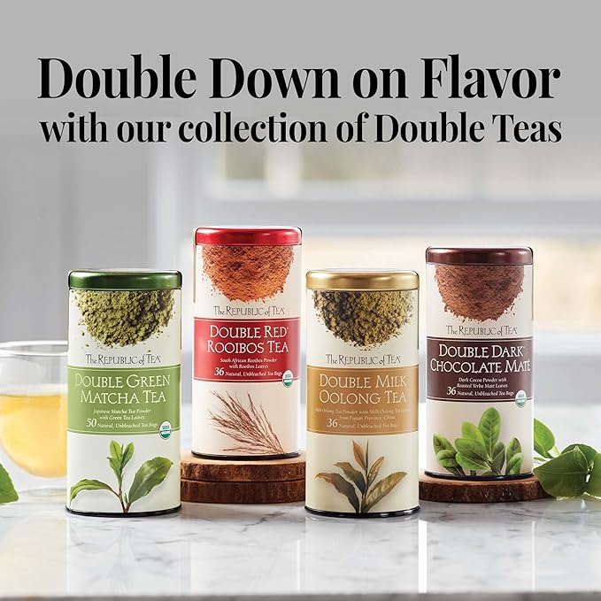 The Republic of Tea - Organic Double Green Matcha, Naturally Caffeinated Japanese Green Tea Powder and Leaves, Steeps 50 Cups