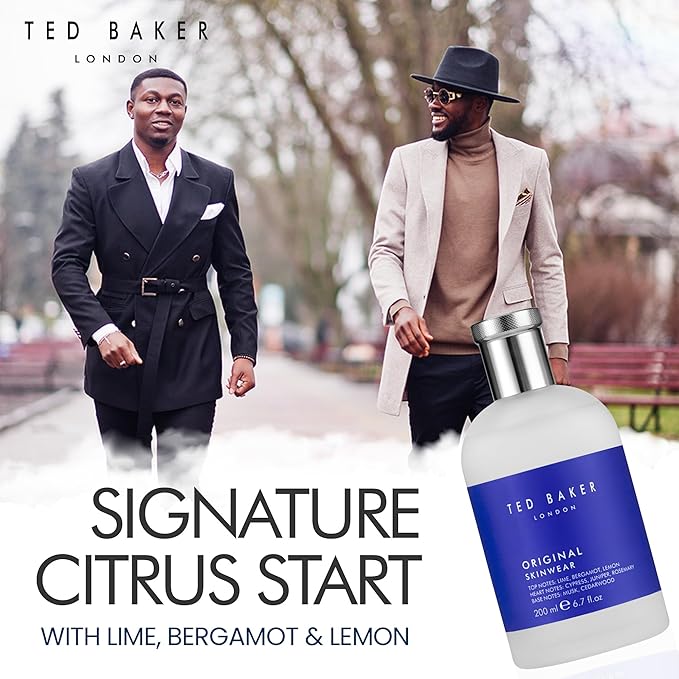 Ted Baker Skinwear EDT, woody masculine fragrance, zesty lime, bergamont and lemon top notes with sandalwood, amber and cedar base notes, 6.76 fl oz