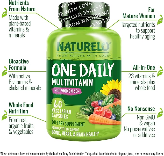 NATURELO One Daily Multivitamin for Women 50+ (Iron Free) - Menopause Support for Women Over 50 - Whole Food Supplement - Non-GMO - No Soy - 60 Capsules - 2 Month Supply