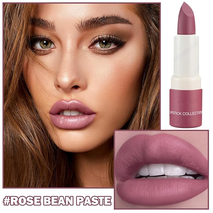 Matte Nude Lipstick Silky Velvet Lip Gloss Nude Lip Stain Paper Tube Lipsticks Non-Stick Cup,Waterproof Long Lasting Matte Lipstick for Women Daily Professional Lip Makeup-06 Rose Bean Paste