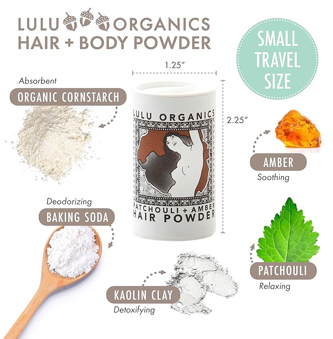 Dry Shampoo Powder for Dark, Blonde and Oily Hair, All Natural Body Powder for Women and Men, Paraben & Talc free No White Cast Synthetic Fragrance, Travel Size, Patchouli and Amber -1oz