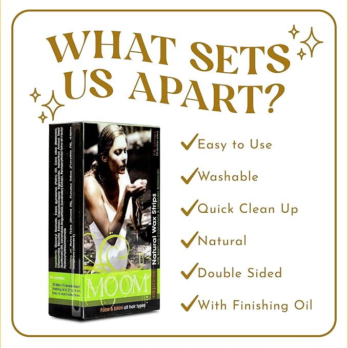 MOOM Express Wax Strips with Chamomile & Lavender, Hair Removal Kit with Finishing Oil – Face, Bikini Area & Brazilian, 10 Double-Sided Strips (1 Pack), 20 Count