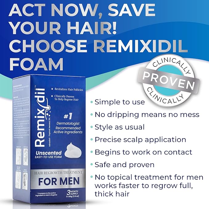 Remixidil Men’s 5% Minoxidil Foam | Hair Regrowth Treatment for Men | Clinically Proven Formula for Hair Loss and Hair Growth | No Scalp Irritation | 3-Month Supply