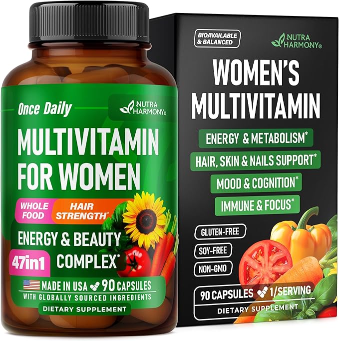 Multivitamin for Women - B-Complex | Whole Foods | Hair Growth Support | Digestion & Metabolism | Iron - 47in1 Womens Multivitamin - Bioavailable & Gentle on Stomach - Made in USA - 90 Capsules