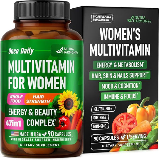 Multivitamin for Women - B-Complex | Whole Foods | Hair Growth Support | Digestion & Metabolism | Iron - 47in1 Womens Multivitamin - Bioavailable & Gentle on Stomach - Made in USA - 90 Capsules