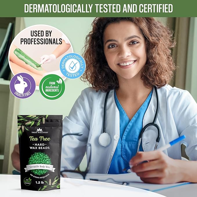 Tress Wellness Wax Beads - Safe for Skin - Dermatologically Tested - At-Home Kit for Bikini, Brazilian & Full Body - Tea Tree 1.2 lb