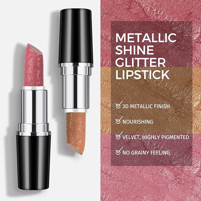 Glitter Pink Lipstick,High Impact Lipcolor,Lightweight Hydrating Formula Smooth and Non-Sticky,Metallic Lipstick For Women,Full-Coverage Lip Color (11 HIP & HIPPIE, 4g)