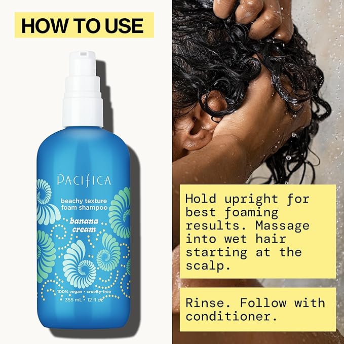 Pacifica Banana Cream Beachy Texture Foam Shampoo – Texturizing Foaming Shampoo for Beachy Waves, Adds Volume & Tousled Look, Sulfate-Free Deep Clean Beauty Vegan & Cruelty-Free Dermatologist Tested