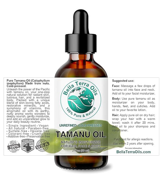 Bella Terra Oils - Organic Tamanu Oil 2 oz - Cold-Pressed Purity, Loaded with Linoleic & Oleic Acids, Antioxidant Rich, Ideal for Enhancing Skin's Natural Luster