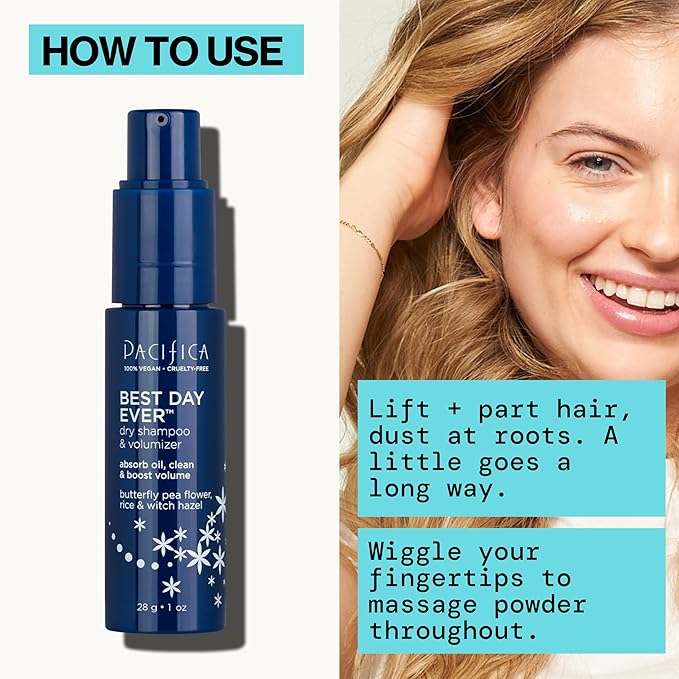 Pacifica Dry Shampoo Powder - Best Day Ever Waterless Shampoo & Instant Volumizer - adds Texture, Refreshes & Absorbs Oil, Non-Aerosol for Women of All Hair Types Natural & Vegan Dermatologist Tested