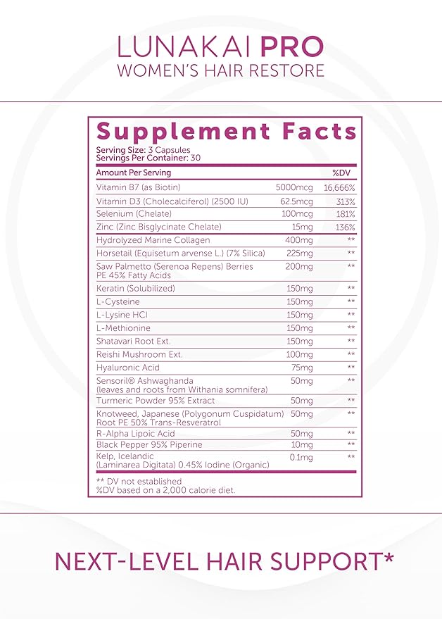 Lunakai PRO USA Made Women’s Hair Growth & Restore Vitamins – Advanced 15+ Nutrient Complex for Visible Results – Natural Thicker Hair Growth Supplement, 90ct